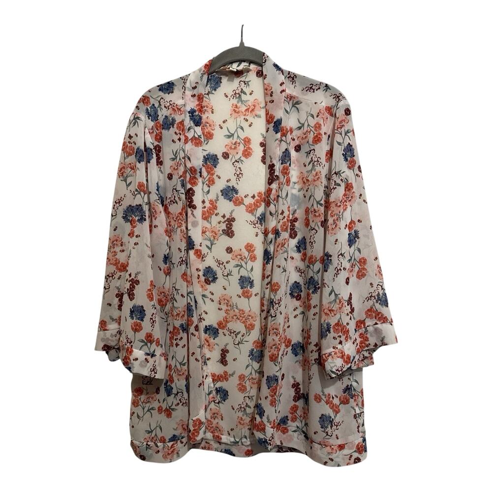 Floral Semi Sheer Top Cover Up Size 14 Open Front Wide Sleeve Fairy Beachy Boho